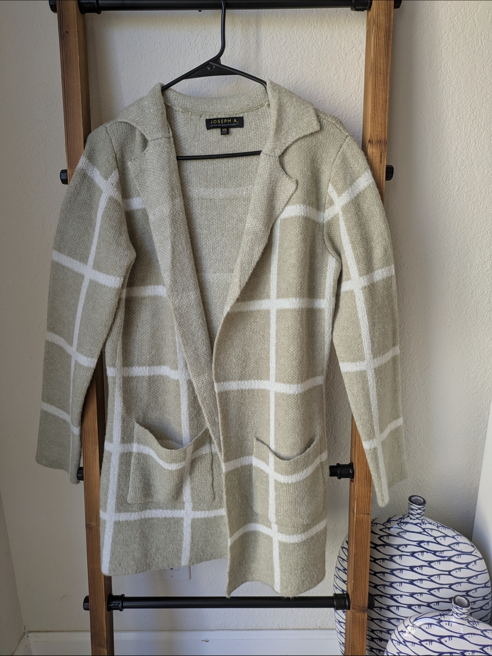 Joseph A Olive Green Windowpane Knit Cardigan Sweater